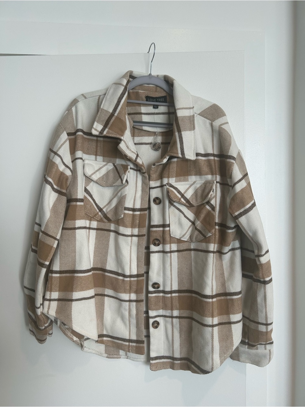 Love Tree Cream and Brown Plaid Utility Shacket
